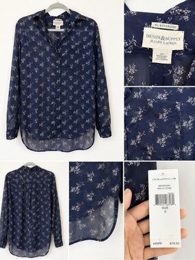 Denim & Supply Ralph Lauren Navy Floral Sheer Button-Up Blouse